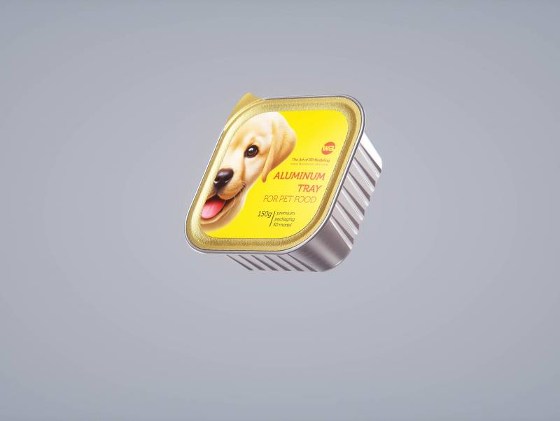 Premium packaging 3D model of a 150g aluminum tray of pet food