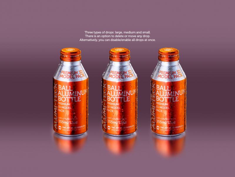 Premium Packaging 3D model of Alumi-tek Aluminum Bottle 355ml (12oz) with water droplets and a frost