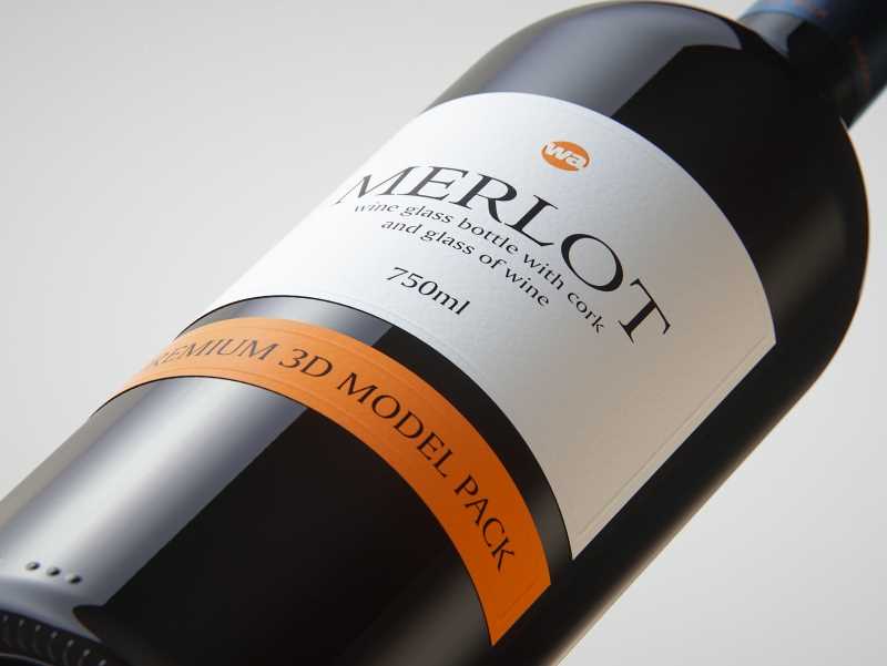3D model of the Merlot Wine Standard Bottle 750ml with cork and glass of wine
