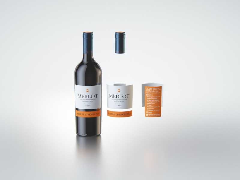 3D model of the Merlot Wine Standard Bottle 750ml with cork and glass of wine
