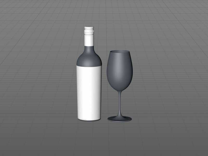 3D model of the Merlot Wine Standard Bottle 750ml with screw cap and glass of wine