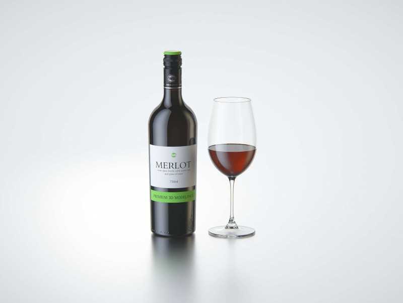 3D model of the Merlot Wine Standard Bottle 750ml with screw cap and glass of wine