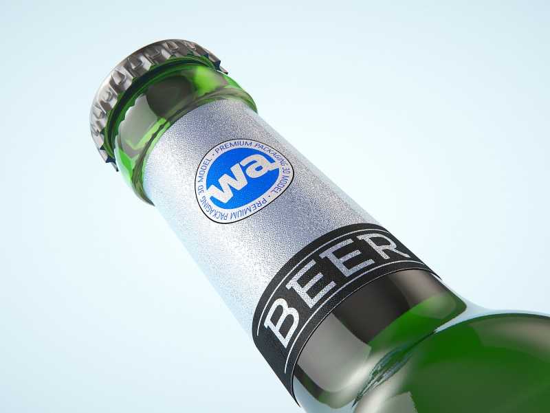 3D model of the Beer Green glass bottle 330ml with Crown cork, foil and label