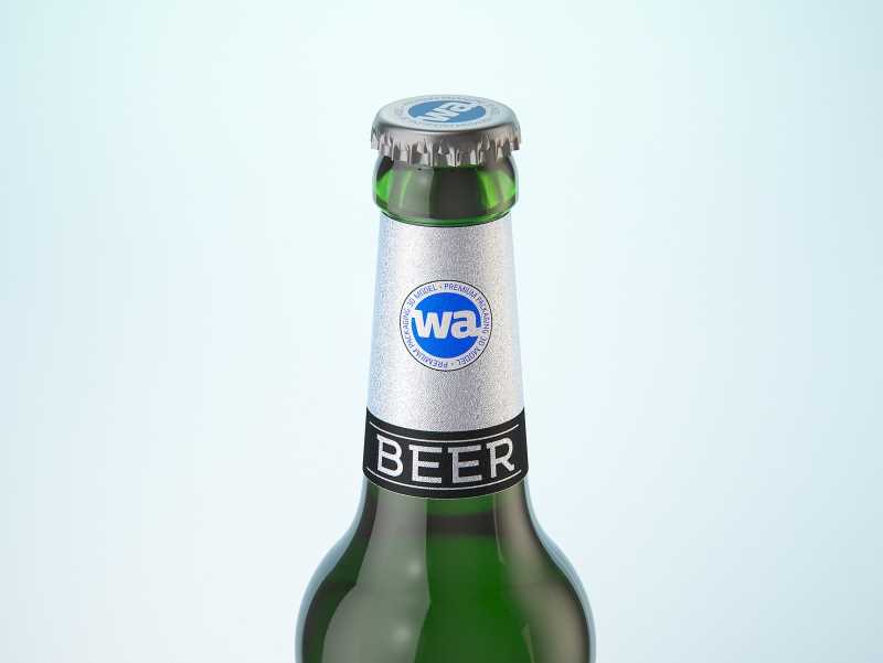 3D model of the Beer Green glass bottle 330ml with Crown cork, foil and label