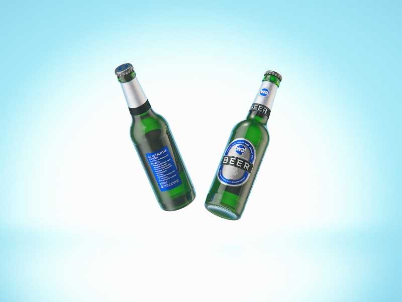 3D model of the Beer Green glass bottle 330ml with Crown cork, foil and label
