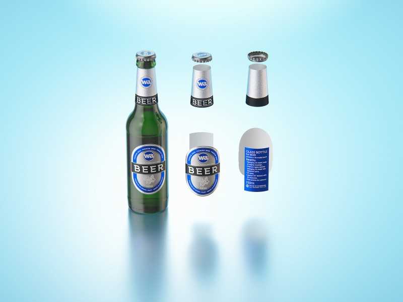 3D model of the Beer Green glass bottle 330ml with Crown cork, foil and label