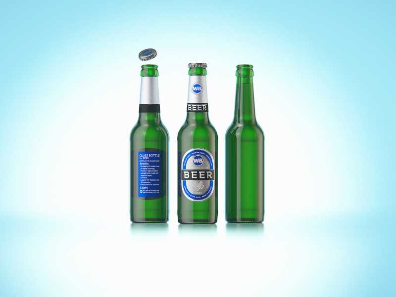 3D model of the Beer Green glass bottle 330ml with Crown cork, foil and label