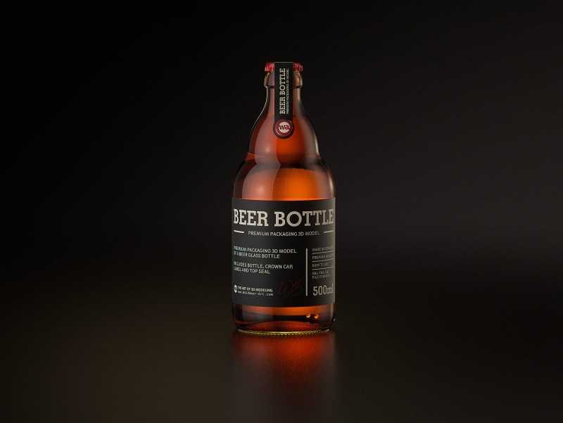 STEINIE Beer Glass Bottle 500ml 3d model with crown cork and labels