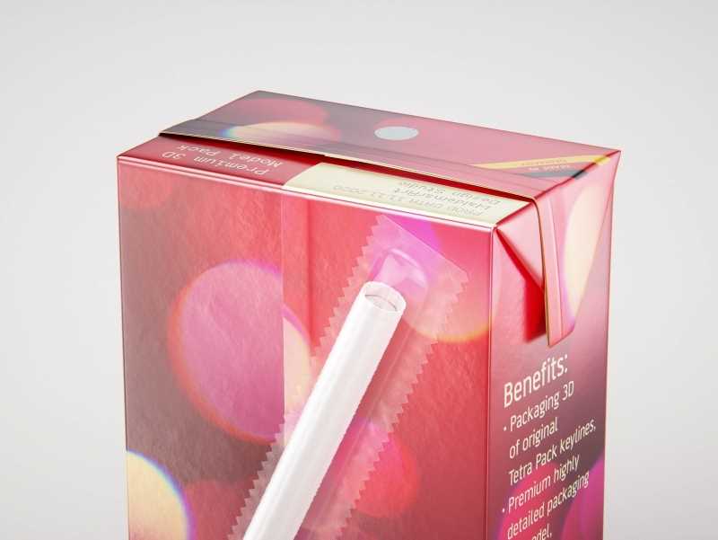 Tetra Pack Brick Base Crystal 200ml Premium packaging 3d model with a straw