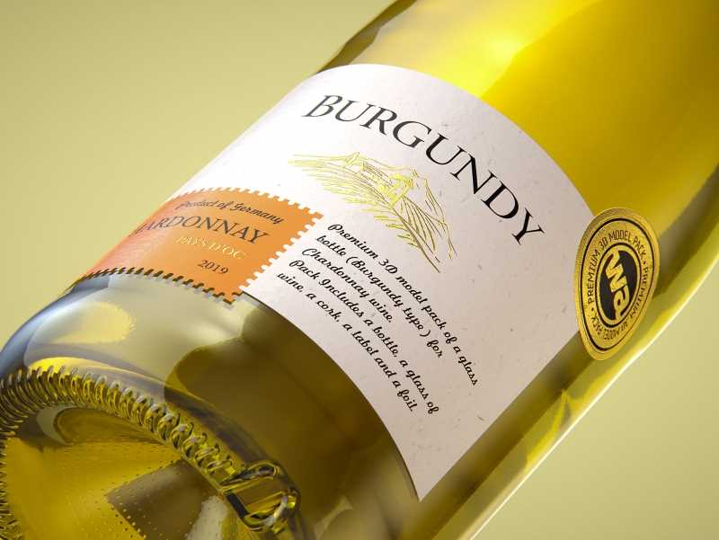 Wine bottle 3D model of Burgundy 750ml for Chardonnay wines with cork and a glass of wine