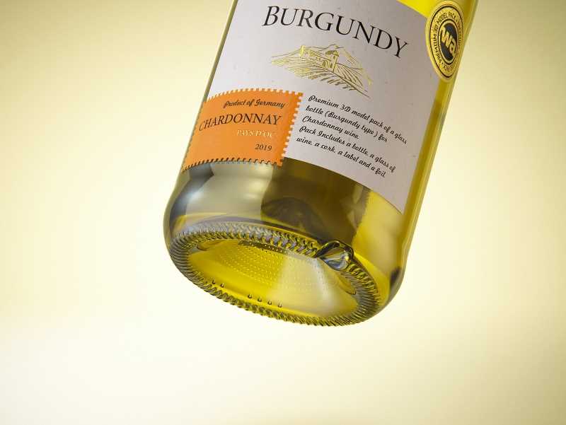 Wine bottle 3D model of Burgundy 750ml for Chardonnay wines with cork and a glass of wine