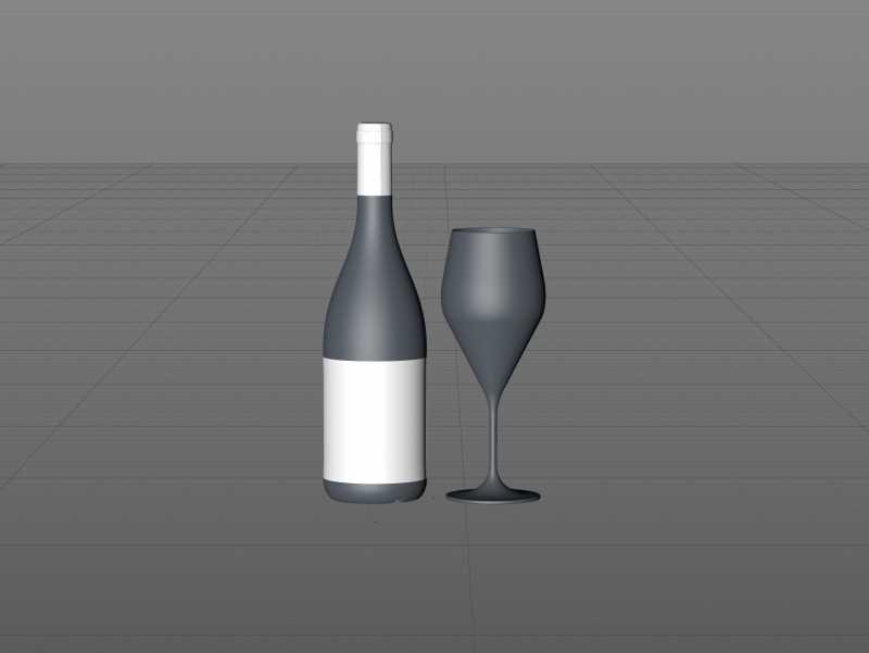 Wine bottle 3D model of Burgundy 750ml for Chardonnay wines with cork and a glass of wine