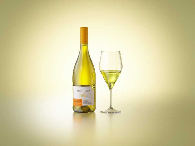 Wine bottle 3D model of Burgundy 750ml for Chardonnay wines with cork and a glass of wine
