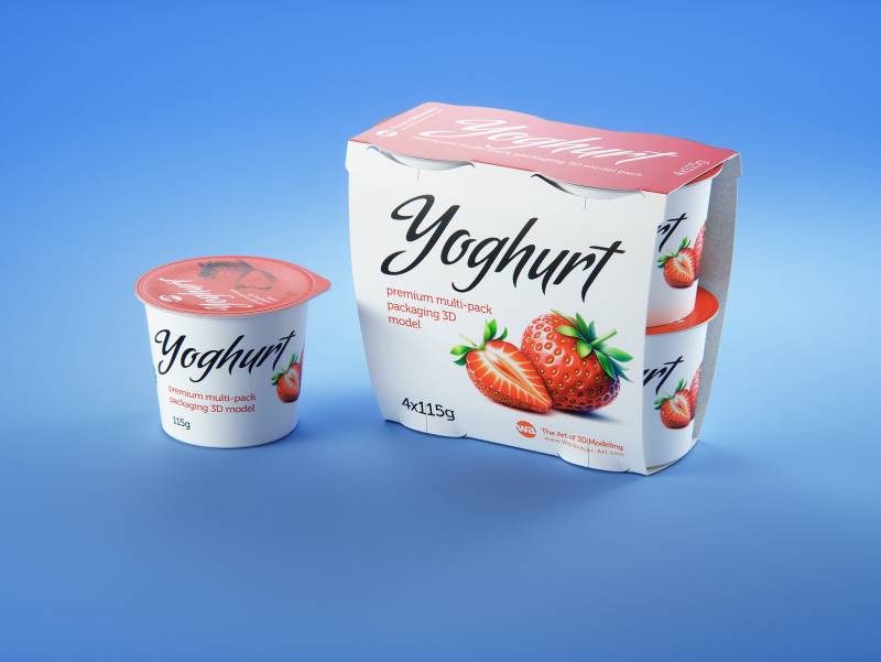 Carton multi-pack packaging for 4x115g plastic cups of yoghurt - premium 3D model