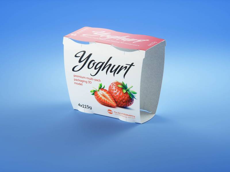Carton multi-pack packaging for 4x115g plastic cups of yoghurt - premium 3D model
