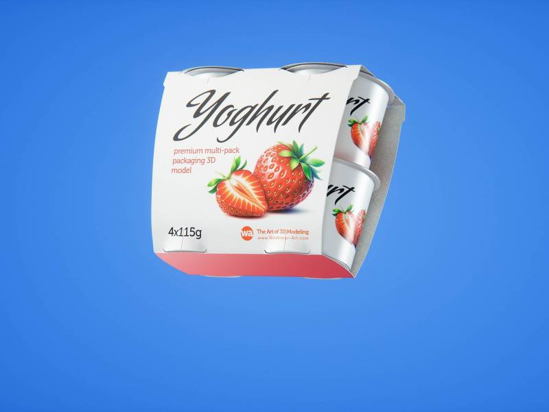 Carton multi-pack packaging for 4x115g plastic cups of yoghurt - premium 3D model