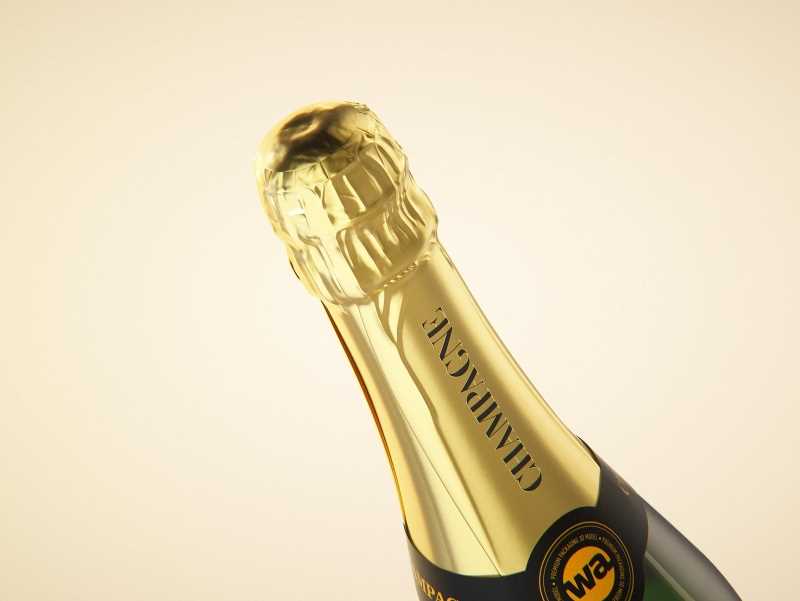Champagne glass bottle 750ml 3d model for sparkling wine, with foil, labels, plastic cork and glass of wine