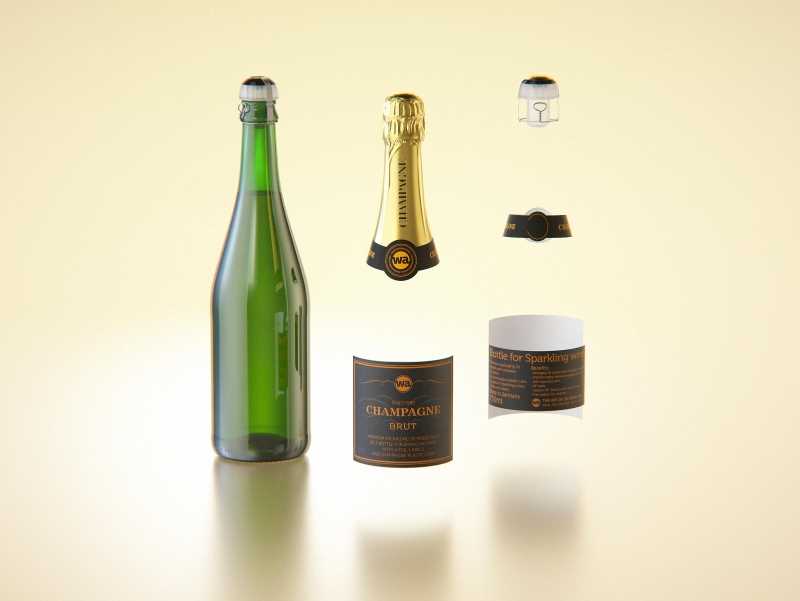 Champagne glass bottle 750ml 3d model for sparkling wine, with foil, labels, plastic cork and glass of wine