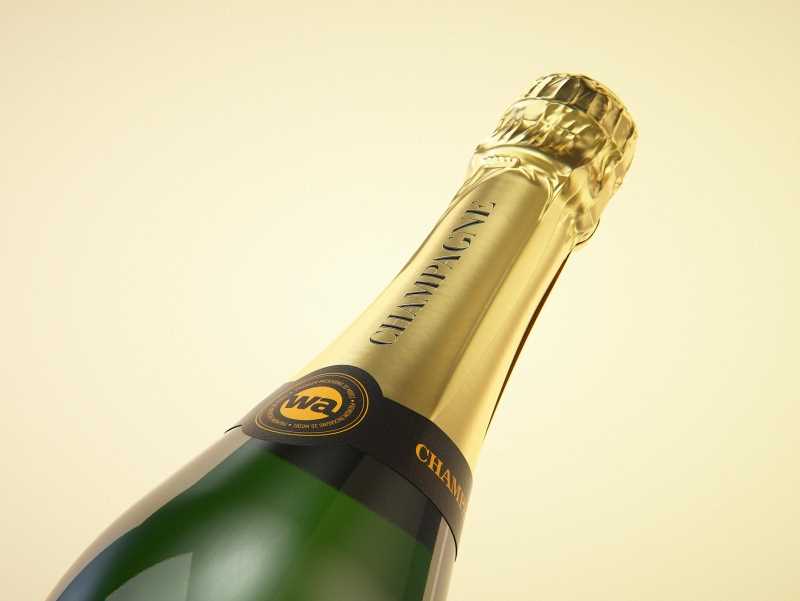 Champagne glass bottle 750ml 3d model for sparkling wine, with foil, labels, plastic cork and glass of wine