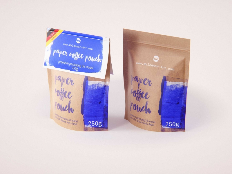 Coffee Paper Pouch 250g with stitches and a label premium packaging 3d model