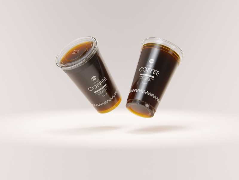 Coffee To-Go - Group of Plastic Cups with Flat lids 3D model pack (24oz, 16oz, 12oz)
