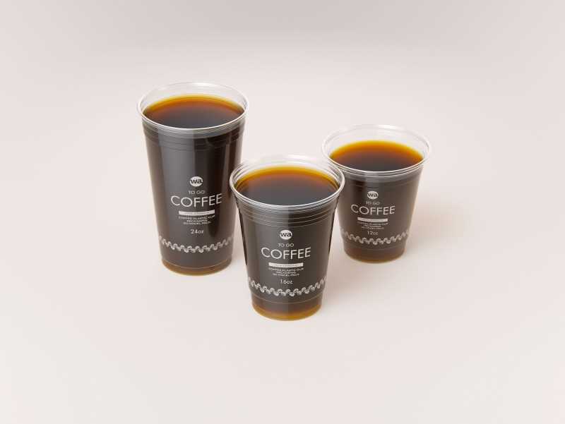 Coffee To-Go - Group of Plastic Cups with Flat lids 3D model pack (24oz, 16oz, 12oz)