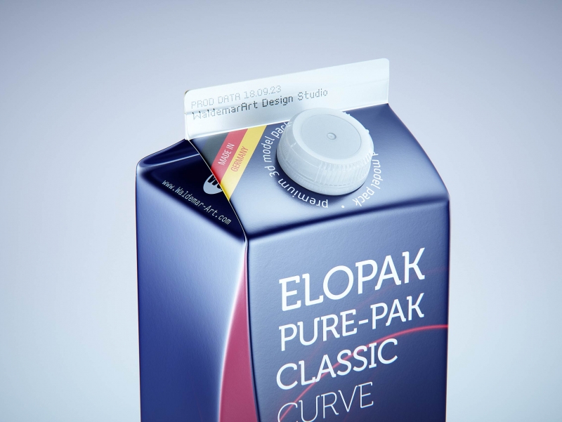 Premium carton packaging 3D model of Elopak Pure-Pak Classic Curve 1000ml with tethered cap TwistFlip 29