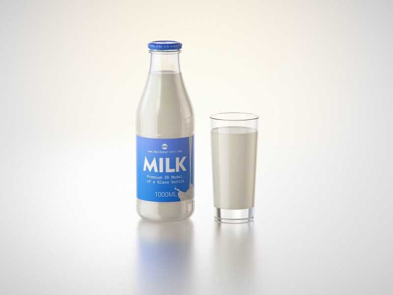 Milk Glass bottle 1000ml packaging 3D model with a screw cap and a glass of milk