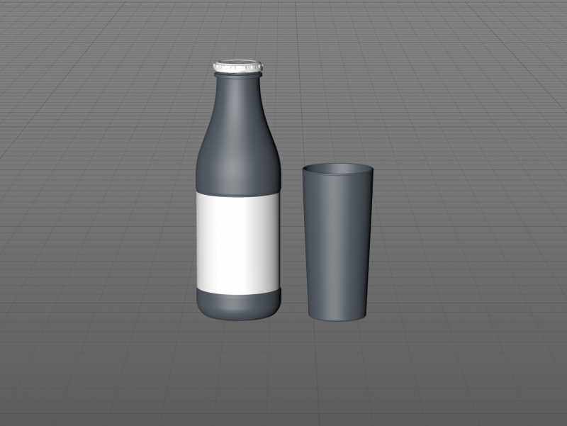 Milk Glass bottle 1000ml packaging 3D model with a screw cap and a glass of milk