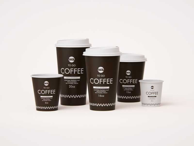 Group of Paper Coffee-To-Go Cups 3D model pack (4oz, 6oz, 12oz, 16oz, 20oz)