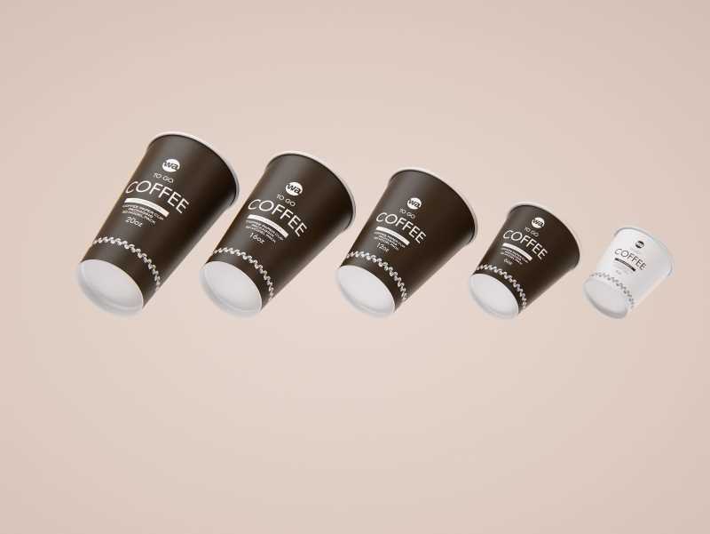 Group of Paper Coffee-To-Go Cups 3D model pack (4oz, 6oz, 12oz, 16oz, 20oz)