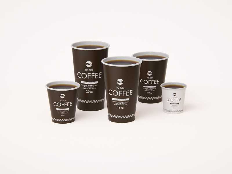Group of Paper Coffee-To-Go Cups 3D model pack (4oz, 6oz, 12oz, 16oz, 20oz)