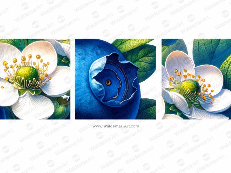 Three Blueberries with blossoms and leaves premium illustration