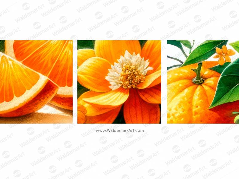 Whole Orange, sliced orange with Blossoms and leaves premium watercolor illustration