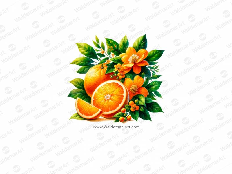 Whole Orange, sliced orange with Blossoms and leaves premium watercolor illustration