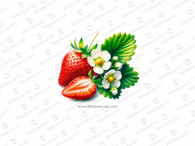 Premium illustration featuring a whole strawberry, a sliced strawberry, a leaf, and two strawberry flowers