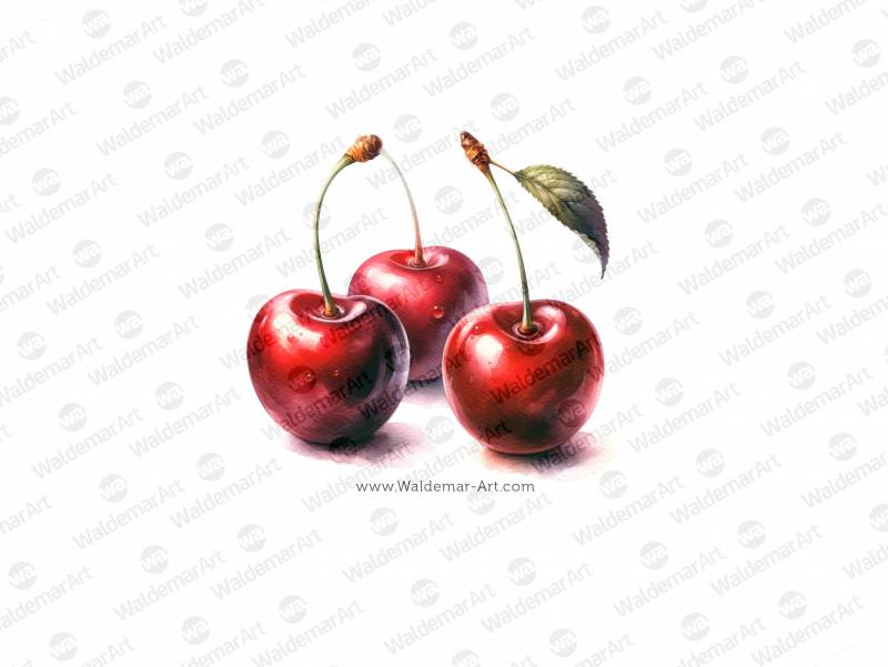 Premium Digital Watercolor Illustrations featuring three cherries on a white background