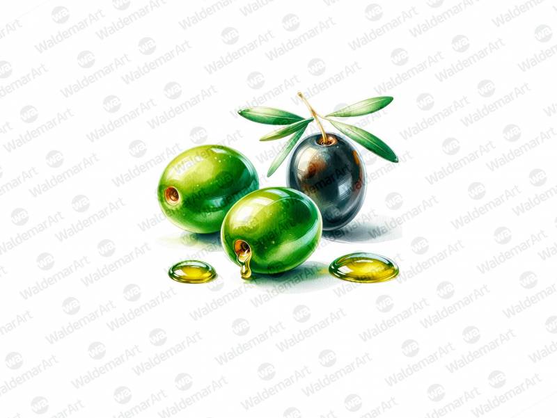 Premium Digital Watercolor Illustration with two green olives and one black olive with a shiny drop of olive oils