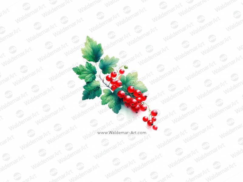 Premium Digital Watercolor Illustration with a small cluster of red currant berries and a medium-sized leaf