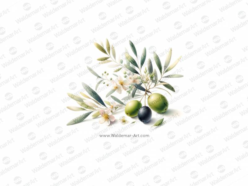 Premium Digital Watercolor Illustration of a single green olive and one black olive, along with several leaves and a few blossoms