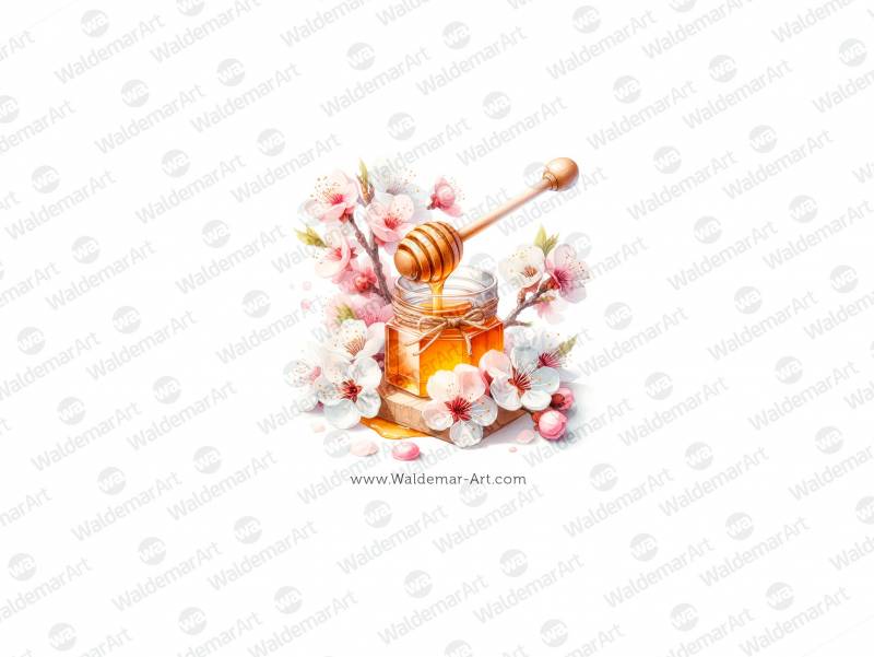 Dipper with honey dripping into a small glass jar, surrounded by cherry blossoms premium digital illustration