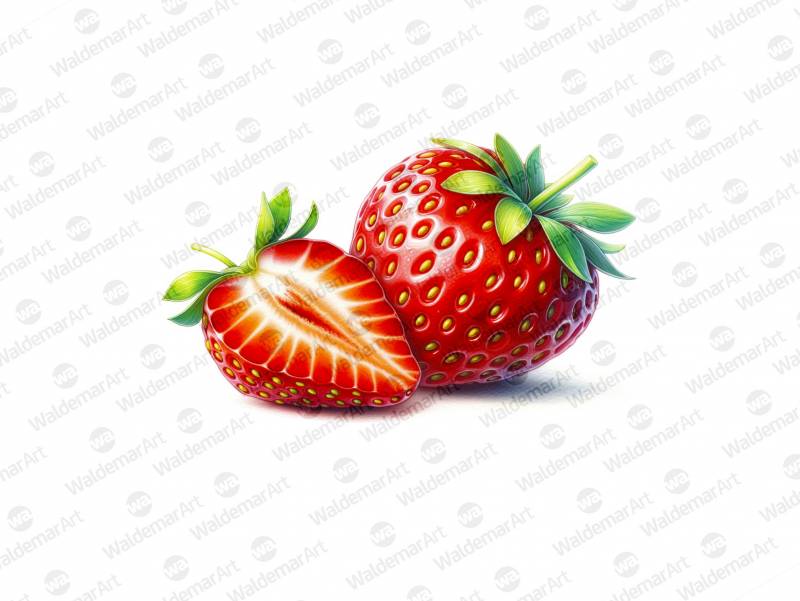 Premium Digital Watercolor Illustration featuring a whole strawberry and one sliced strawberry