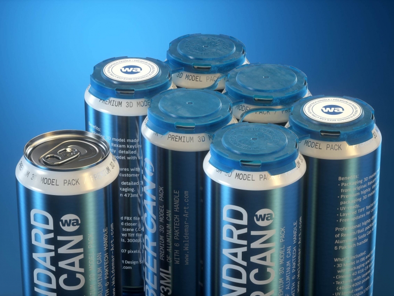 Rexam/Ball Standard Metal Beer Can 473ml Premium packaging 3d model with 6 PakTech handle and label