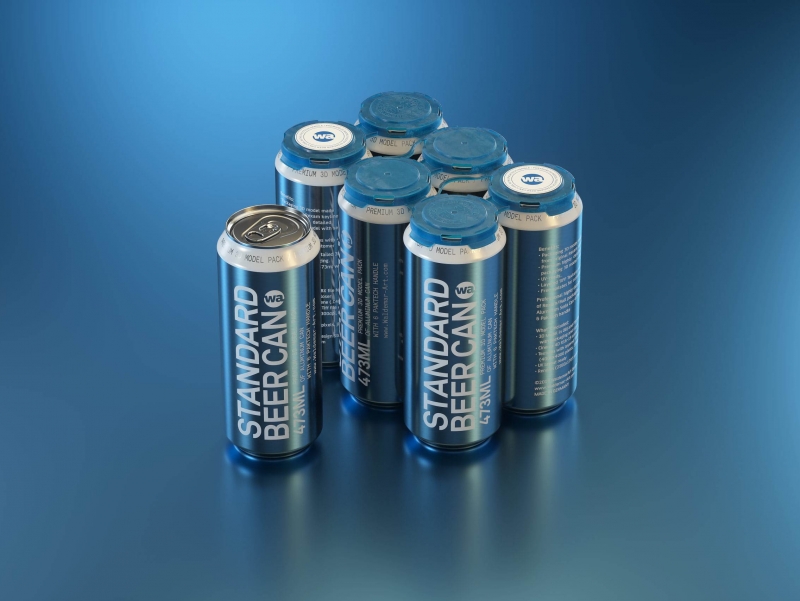 Rexam/Ball Standard Metal Beer Can 473ml Premium packaging 3d model with 6 PakTech handle and label