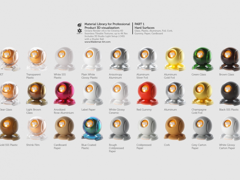 Octane 4+ for Cinema 4D (Compatible with version 2024) Materials Pack 1 - Hard Surfaces [27 items] (Glass, Plastic, Metal, Paper, Cork, PET etc)