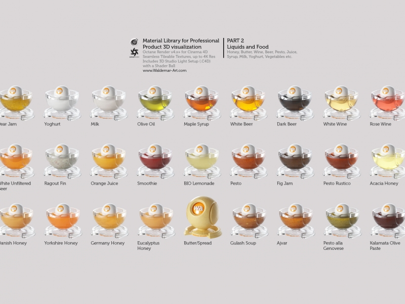 Octane 4+  for Cinema 4D (compatible with version 2024) Materials Pack 2 - Liquids and Food [27 items] (Jam, Butter, Milk, Yoghurt, Pesto, Honey, Beer, Wine etc)