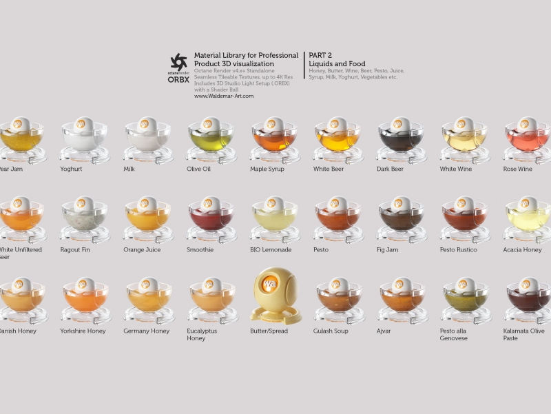 Octane 4+ Standalone Materials Pack 2 - Liquids and Food [27 items] (Jam, Butter, Milk, Yoghurt, Pesto, Honey, Beer, Wine etc)