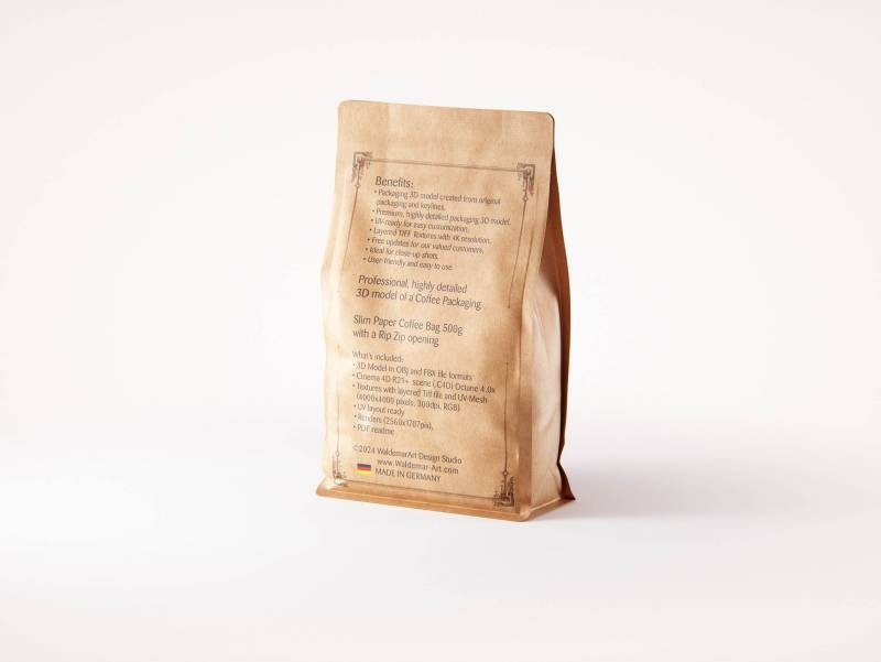 Premium packaging 3d model of Craft Paper Coffee Bag 500g with Rip Zip opening