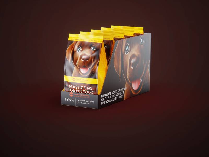 Cardboard multi-pack packaging for 5x650g plastic bags of pet food premium 3d model