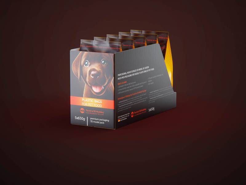 Cardboard multi-pack packaging for 5x650g plastic bags of pet food premium 3d model